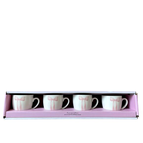 Godinger Pink Bow Ceramic Espresso Mug Set of 4 White New - Picture 2 of 16